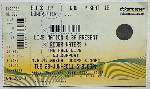 Pink Floyd Roger Waters Original Unused Concert Ticket MEN Arena Manchester 28th Jun 2011