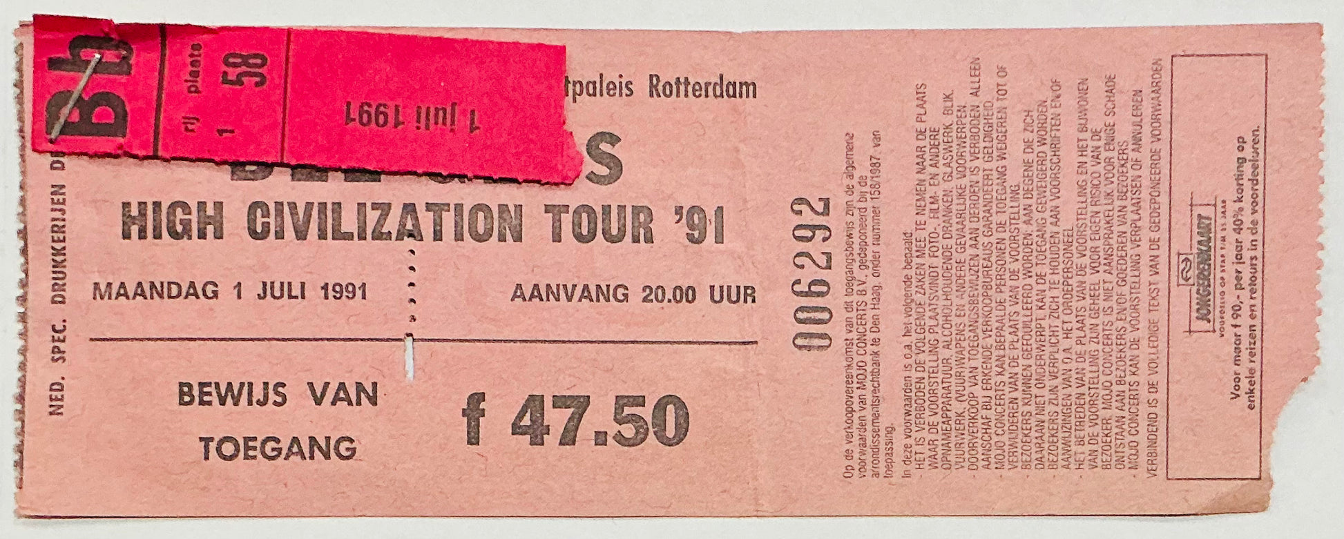 Bee Gees Original Unused Concert Ticket Ahoy Sportpaleis Rotterdam 1st Jul 1991