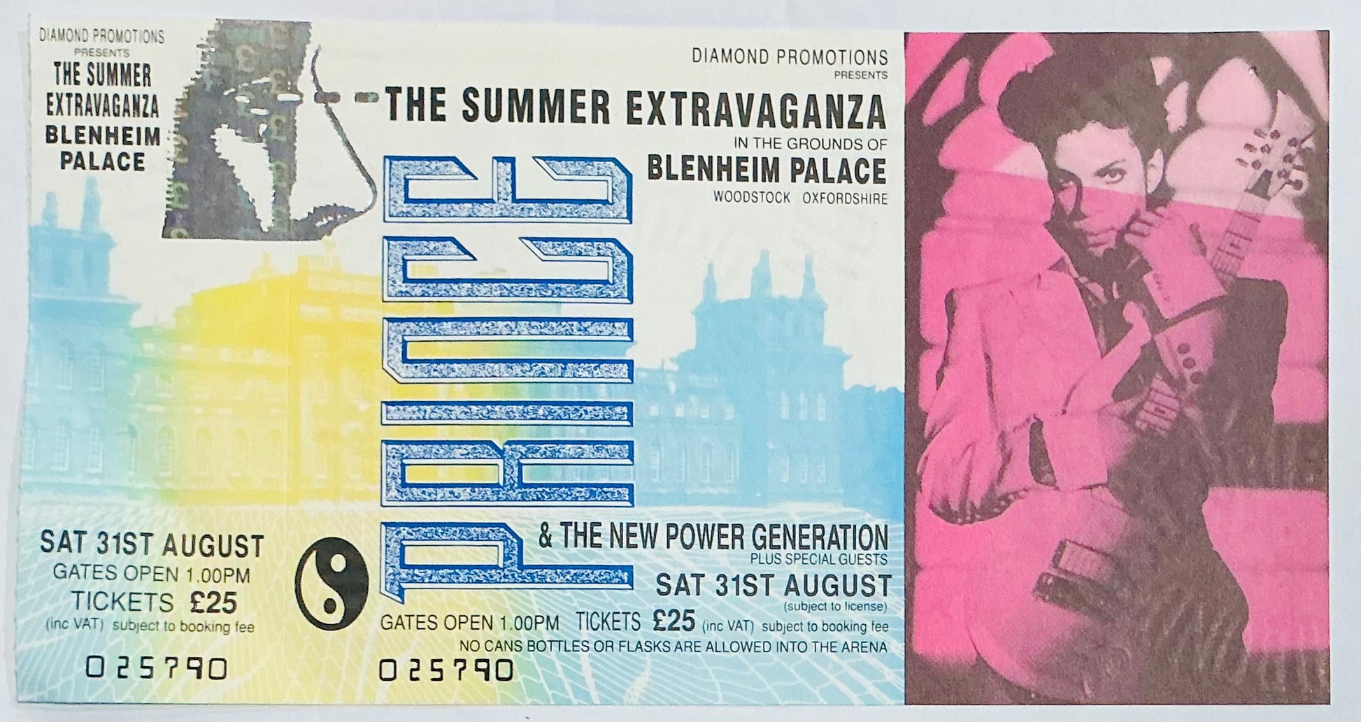 Prince Original Unused Concert Ticket Blenheim Palace Woodstock 31st Aug 1991