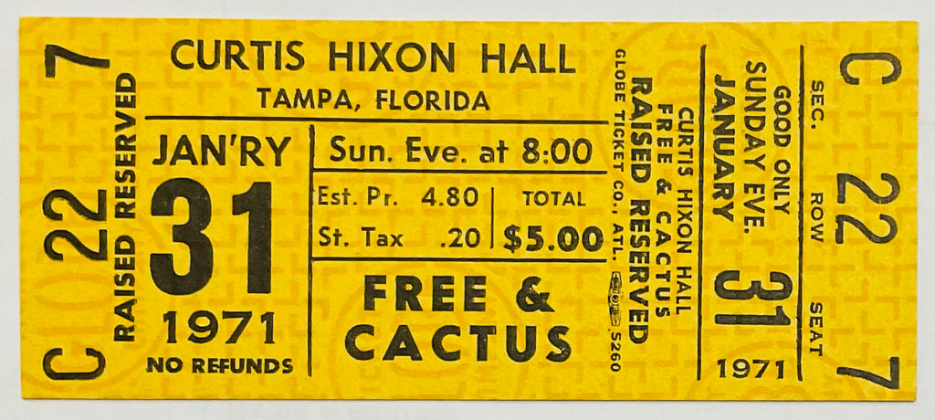 Free Cactus Original Unused Concert Ticket Curtis Hixon Hall Tampa 31st Jan 1971
