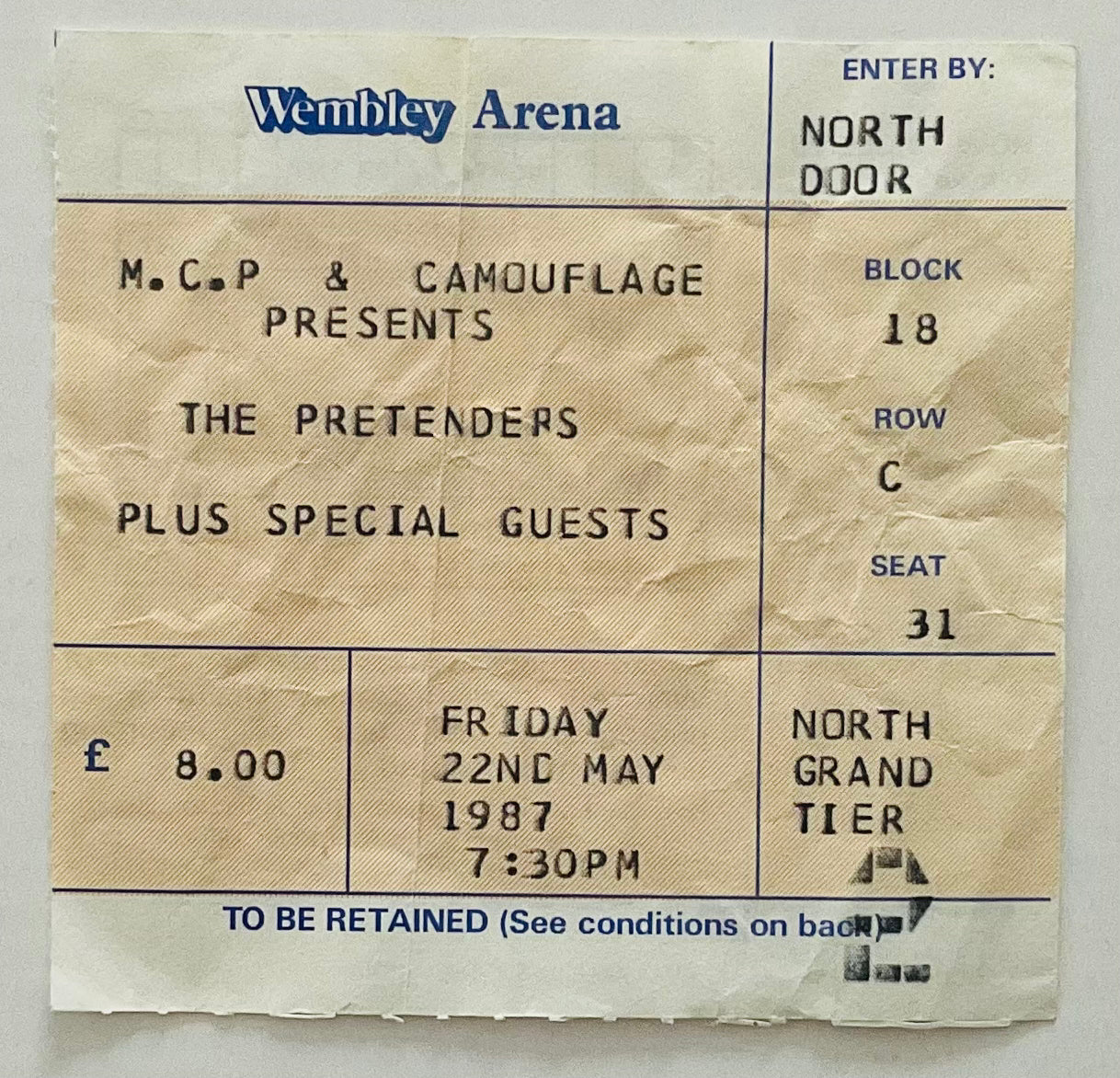 Pretenders Original Used Concert Ticket Wembley Arena London 22nd May 1987