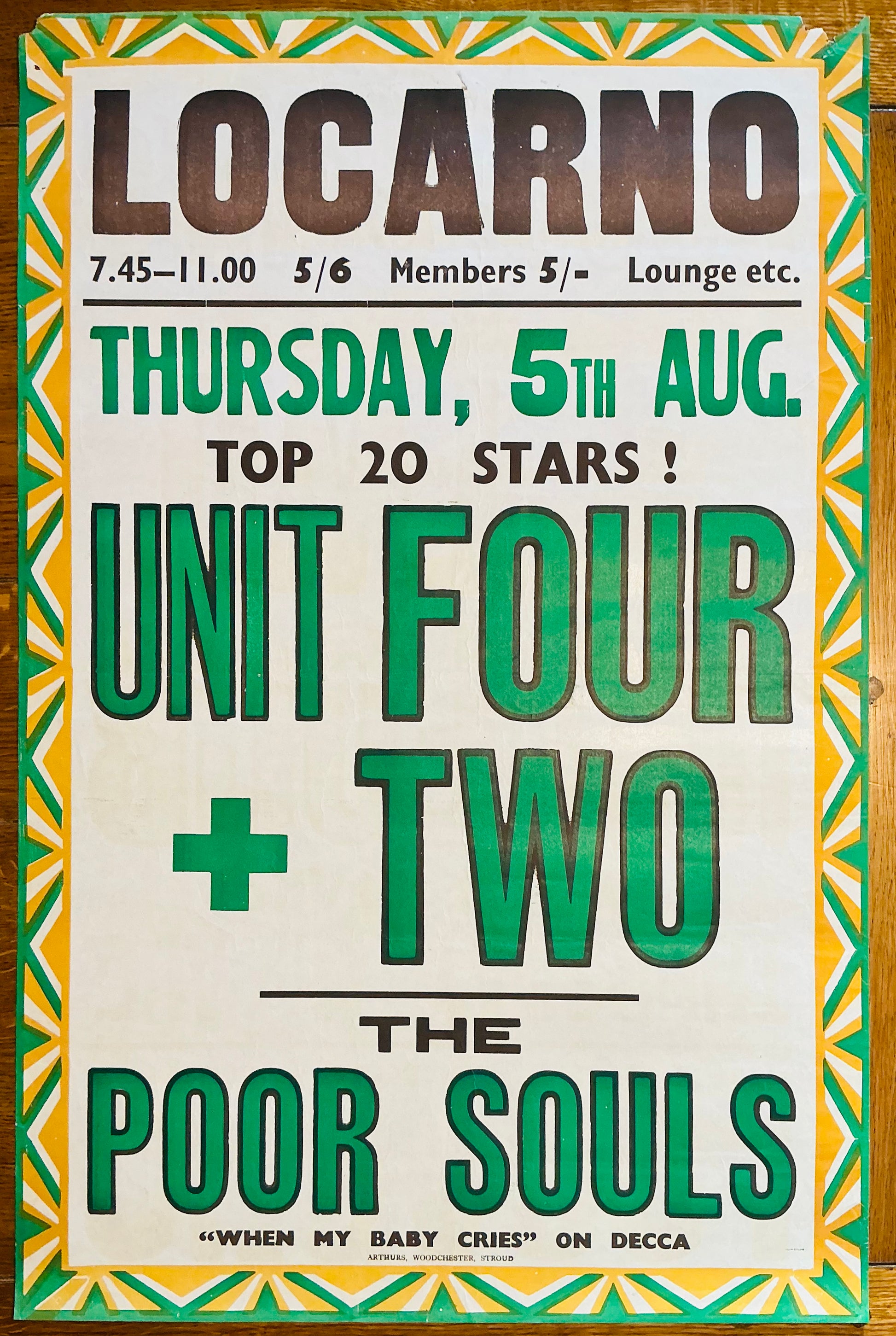 Unit Four + Two Original Concert Tour Gig Poster Locarno Swindon 5th Aug 1965