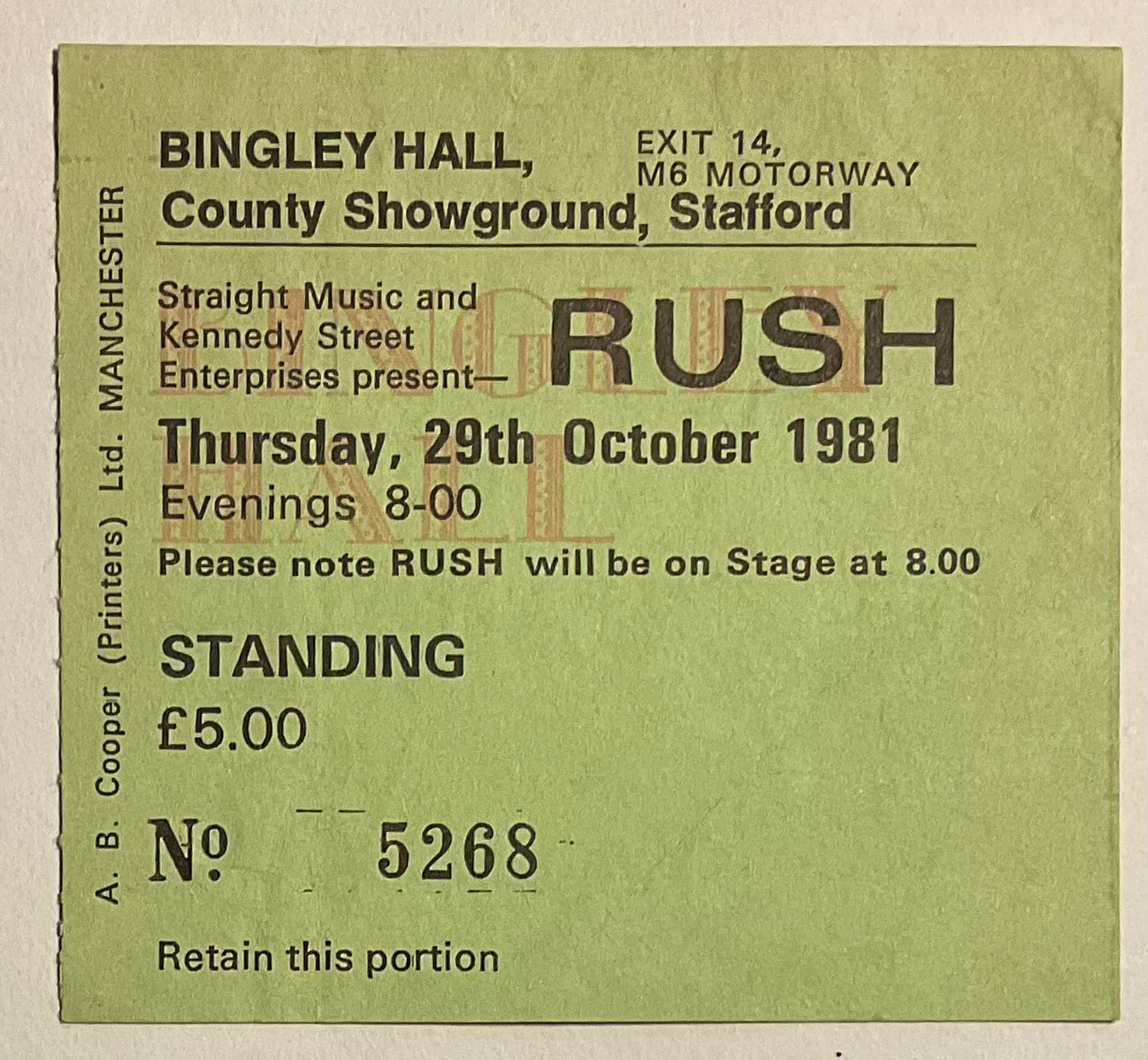 Rush Original Used Concert Ticket Bingley Hall Stafford 29th Oct 1981