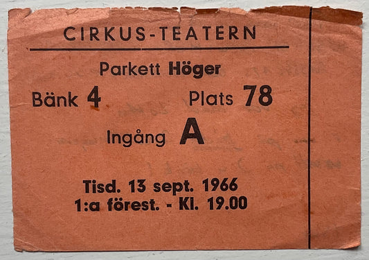 Walker Brothers Original Used Concert Ticket Cue Club Gothenburg 13th Sep 1966