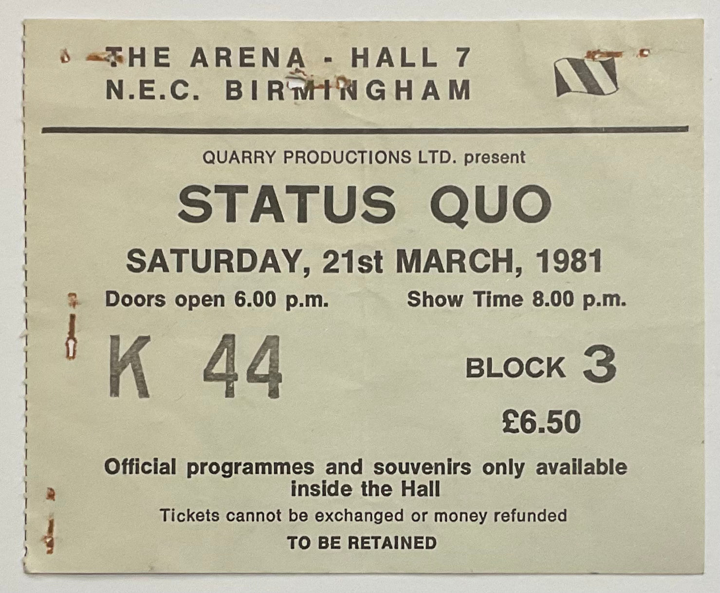 Status Quo Original Used Concert Ticket NEC Arena Birmingham 21st Mar 1981