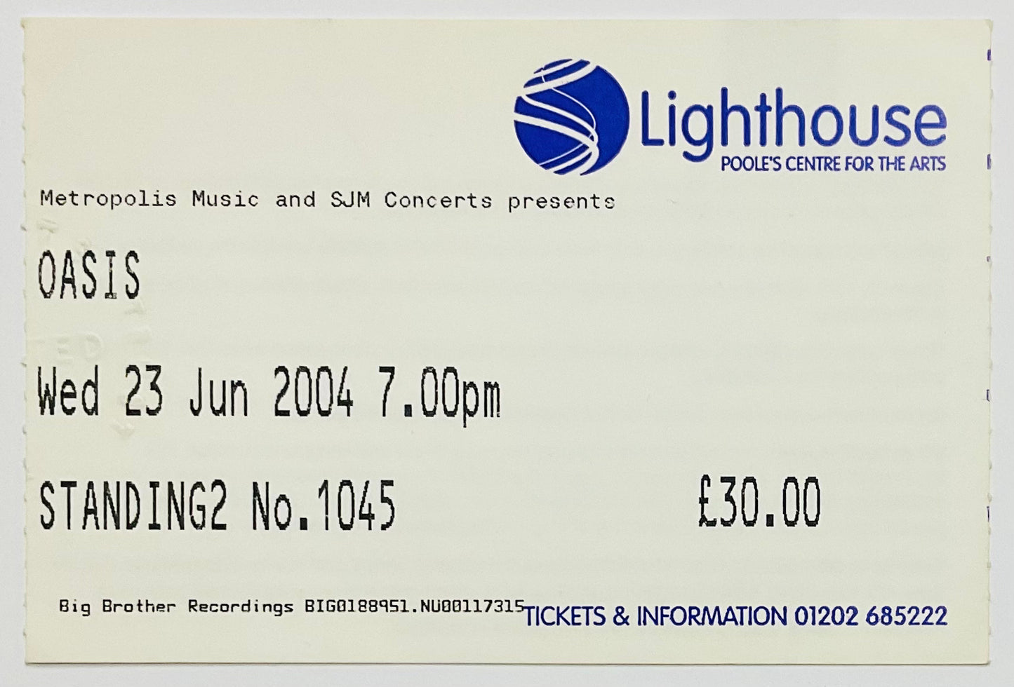 Oasis Original Used Concert Ticket Lighthouse Poole 23rd June 2004