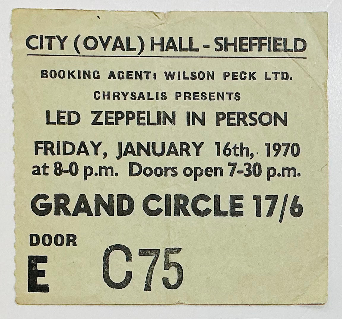 Led Zeppelin Original Used Concert Ticket City Hall Sheffield 16th Jan 1970