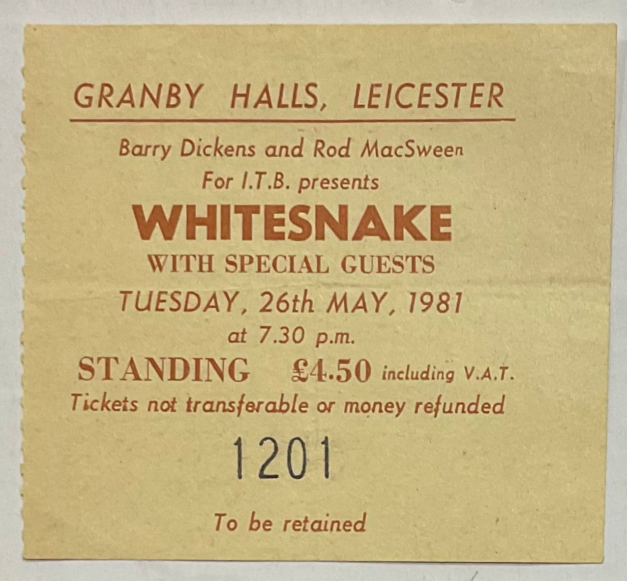 Whitesnake Original Used Concert Ticket Granby Halls Leicester 26th May 1981