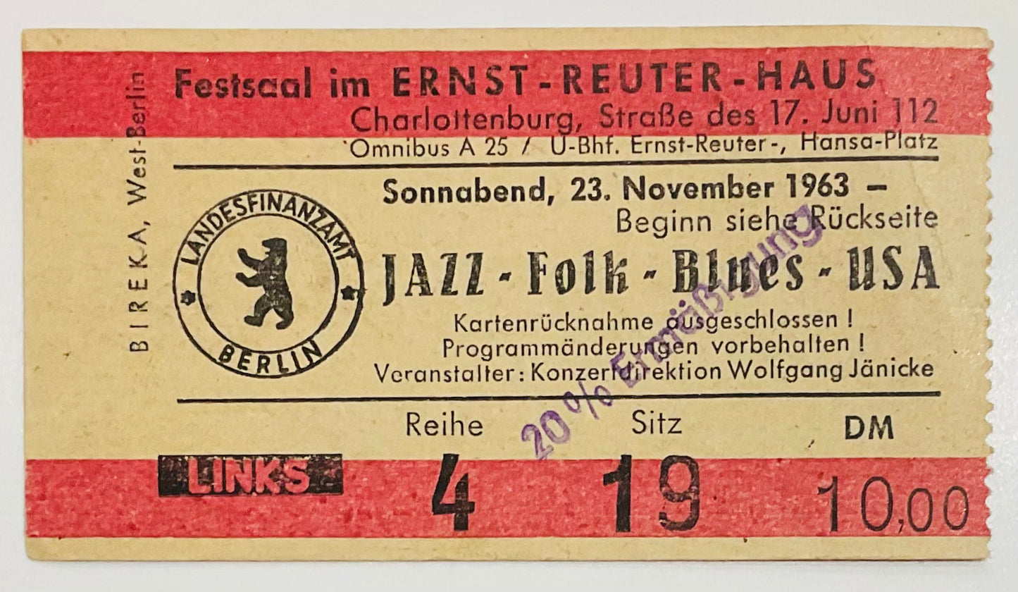 Memphis Slim Sonny Boy Williamson Original Used Concert Ticket Ernst Reuter Haus Berlin 23rd Nov 1963