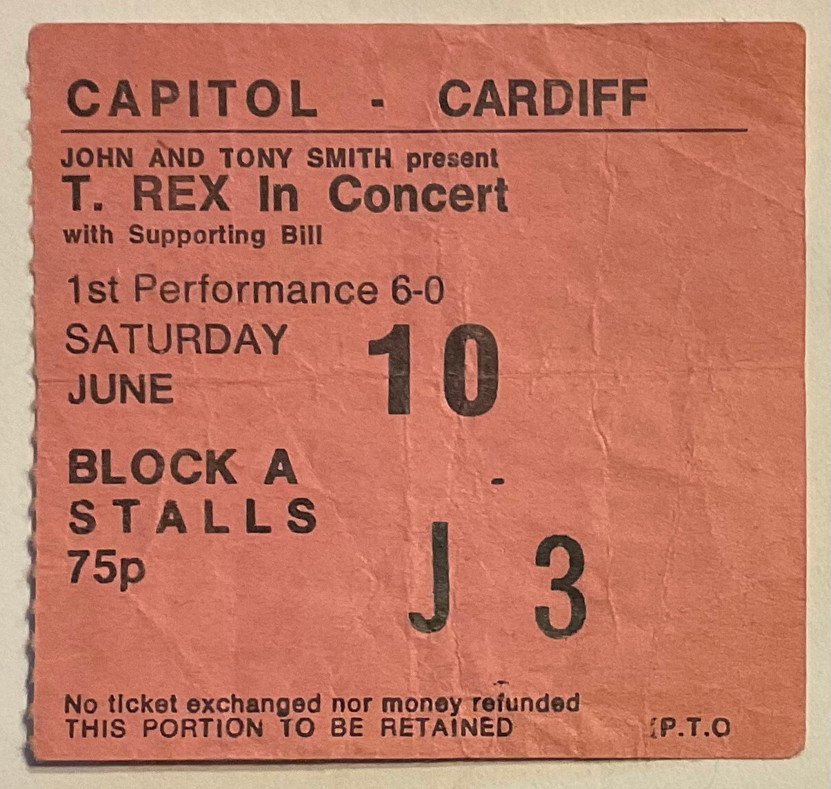 T. Rex Marc Bolan Original Used Concert Ticket Capitol Theatre Cardiff 10th Jun 1972