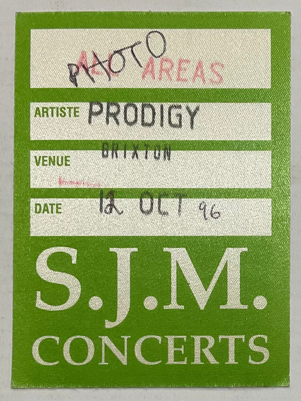 Prodigy Original Unused Concert Backstage Pass Ticket Brixton Academy London 11th Oct 1996