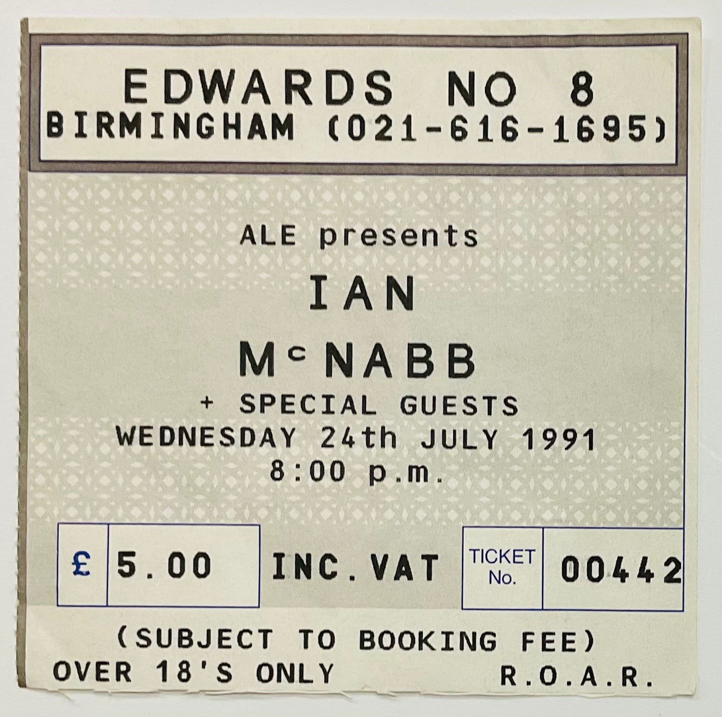 Ian McNabb Original Used Concert Ticket Edwards No. 8 Birmingham 24th Jul 1991