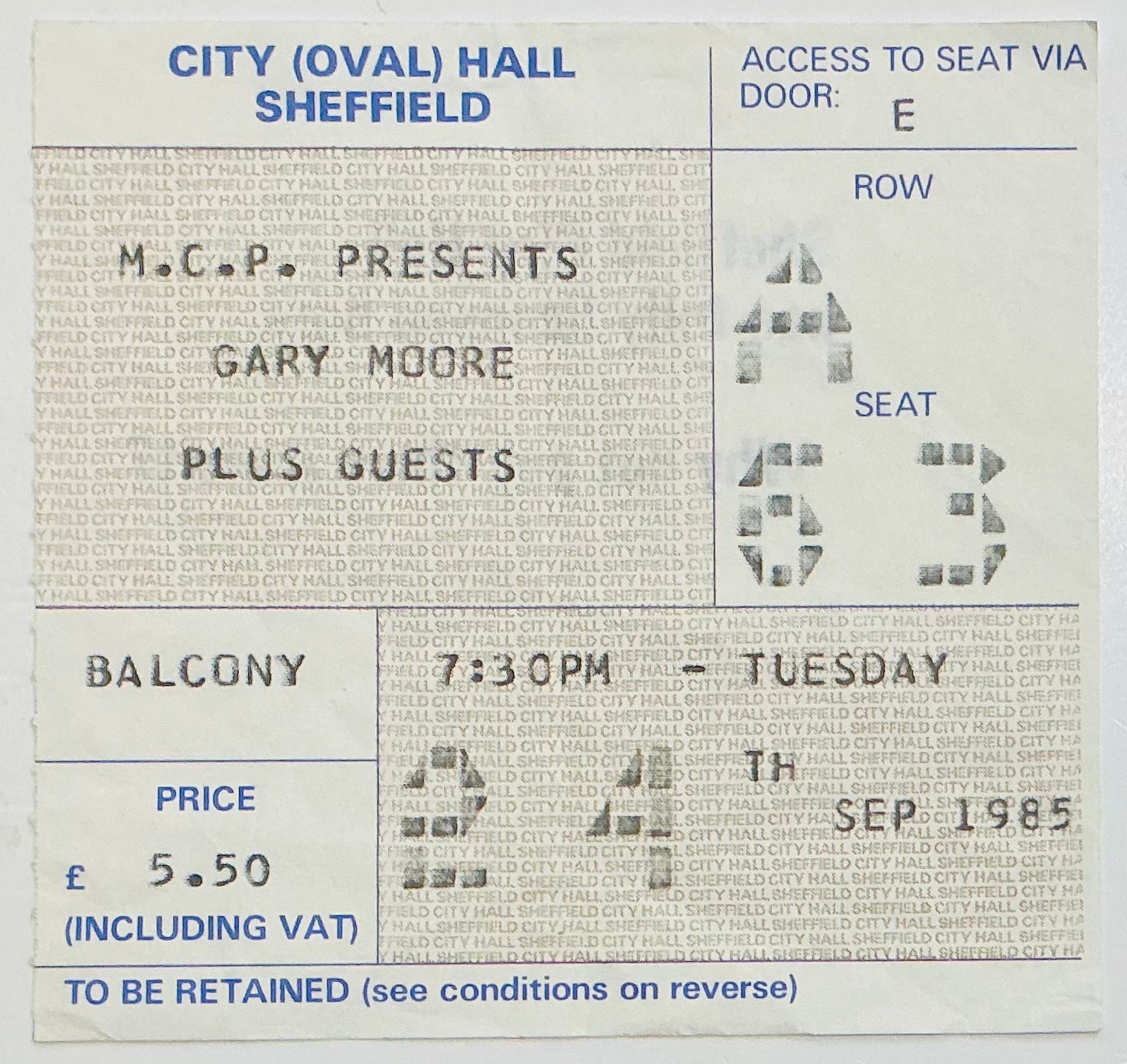 Gary Moore Original Used Concert Ticket City Hall Sheffield 24th Sep 1985
