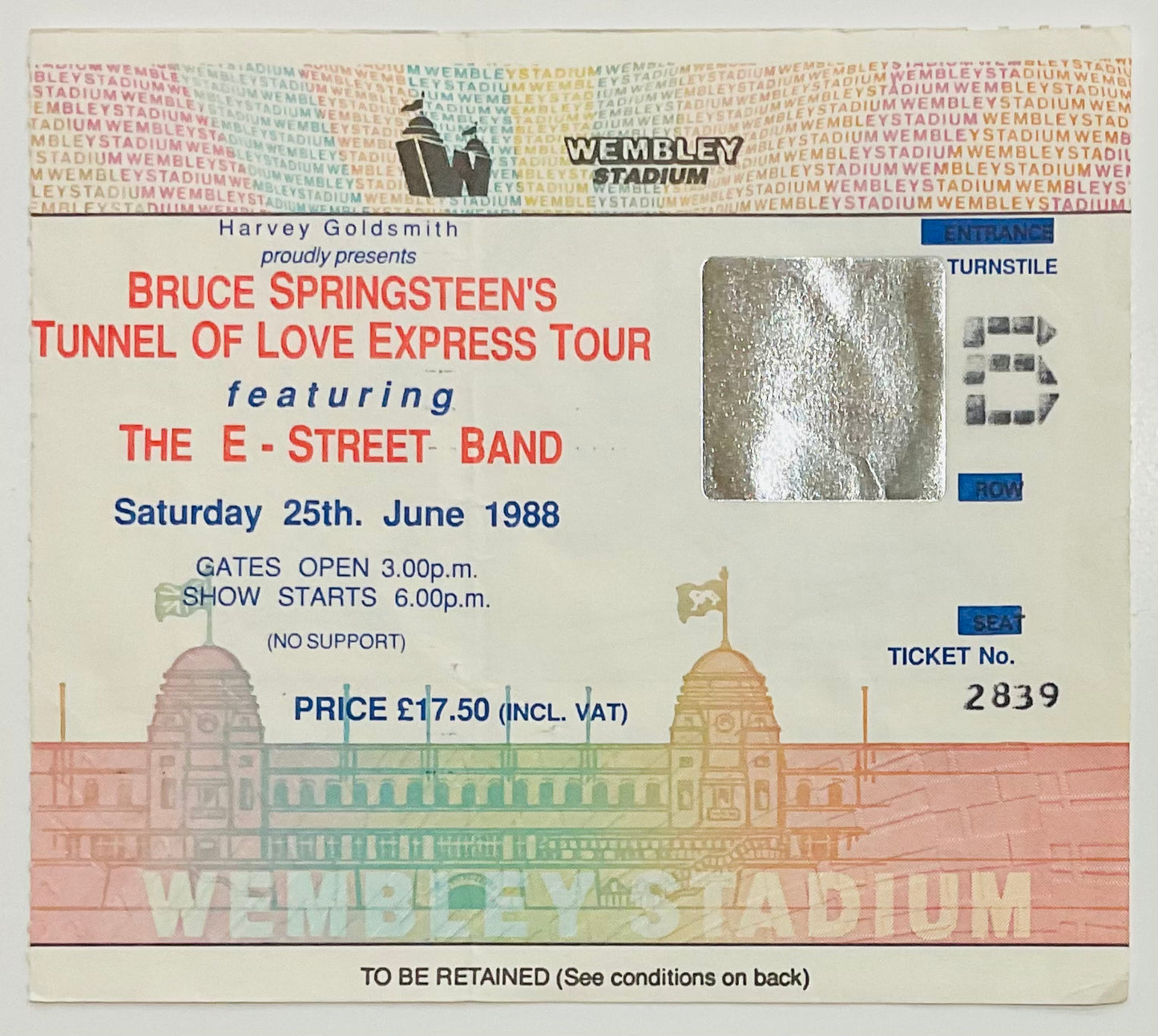 Bruce Springsteen Original Used Concert Ticket Wembley Stadium London 25th June 1988