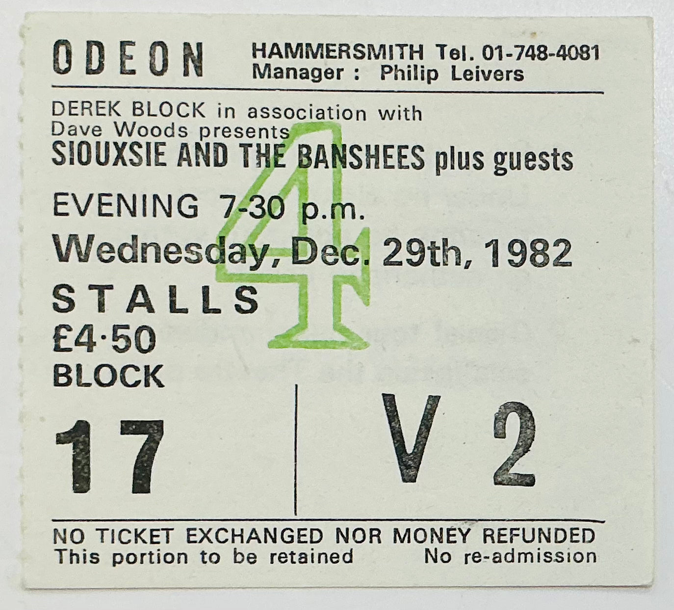 Siouxsie and the Banshees Original Used Concert Ticket Hammersmith Odeon London 29th Dec 1982
