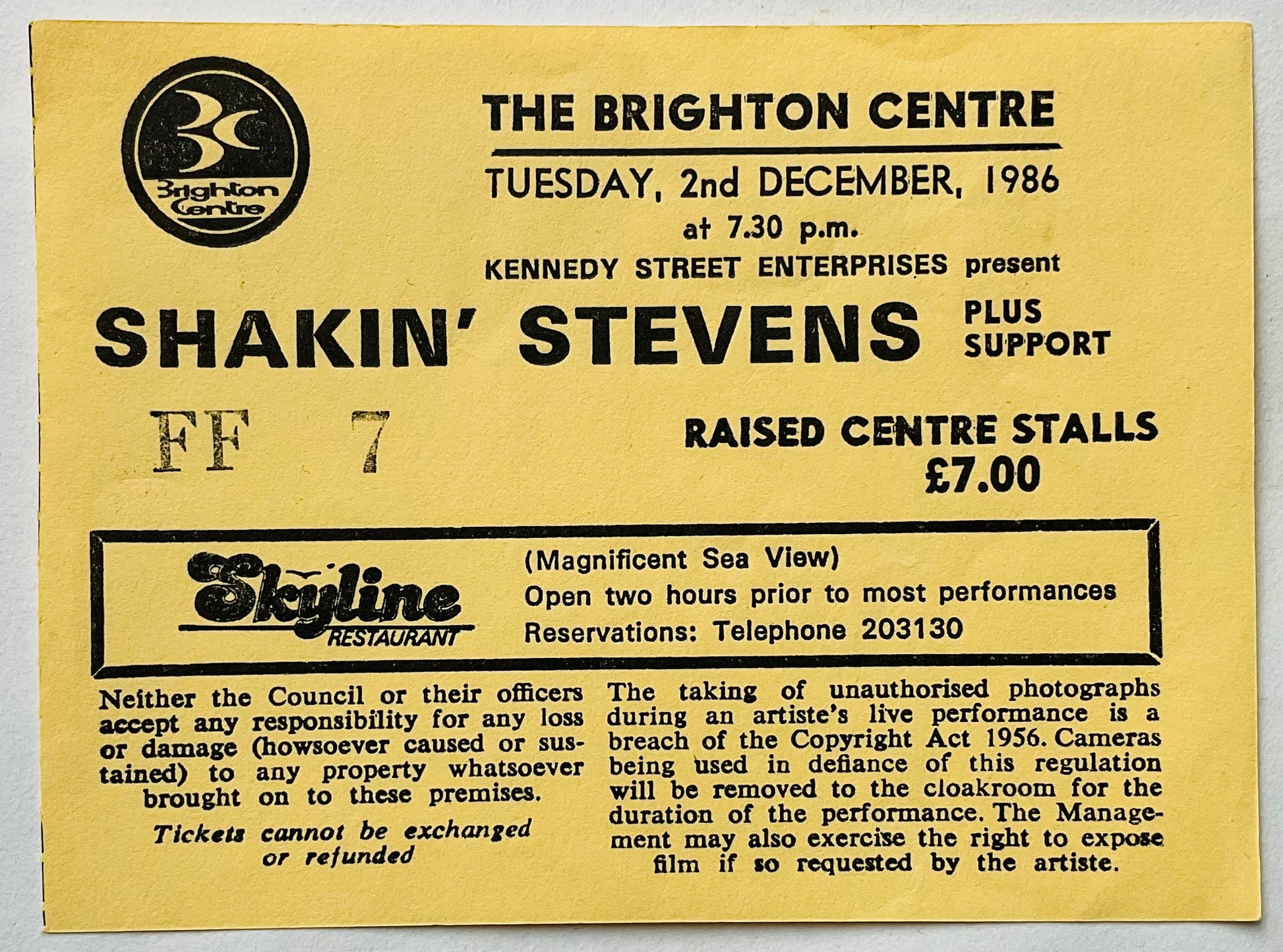 Shakin’ Stevens Original Used Concert Ticket The Brighton Centre 2nd Dec 1986