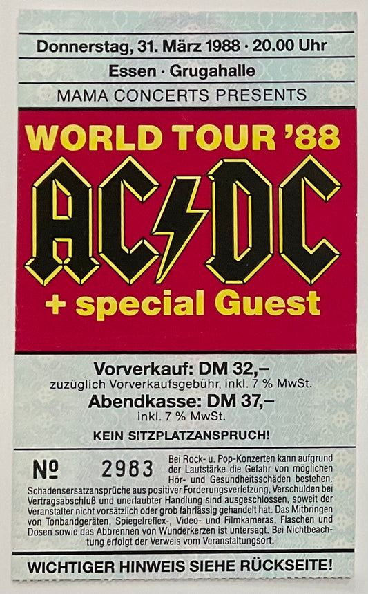 AC/DC Original Used Concert Ticket Grugahalle Essen 31st Mar 1988