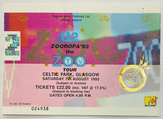 U2 Original Used Concert Ticket Celtic Park Glasgow 7th Aug 1993