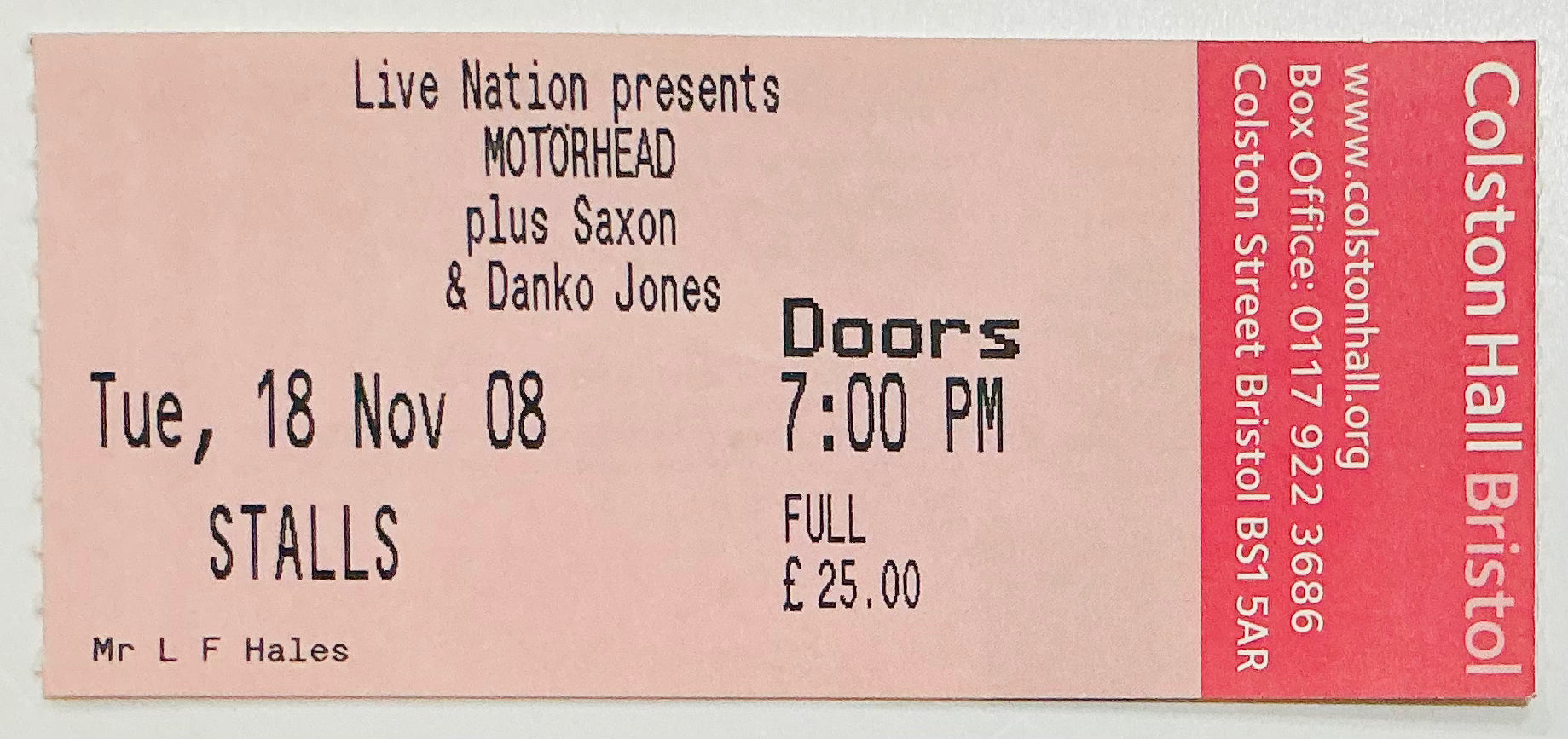 Motorhead Saxon Original Used Concert Ticket Colston Hall Bristol 18th Nov 2008