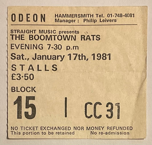 Boomtown Rats Original Used Concert Ticket Hammersmith Odeon London 17th Jan 1981