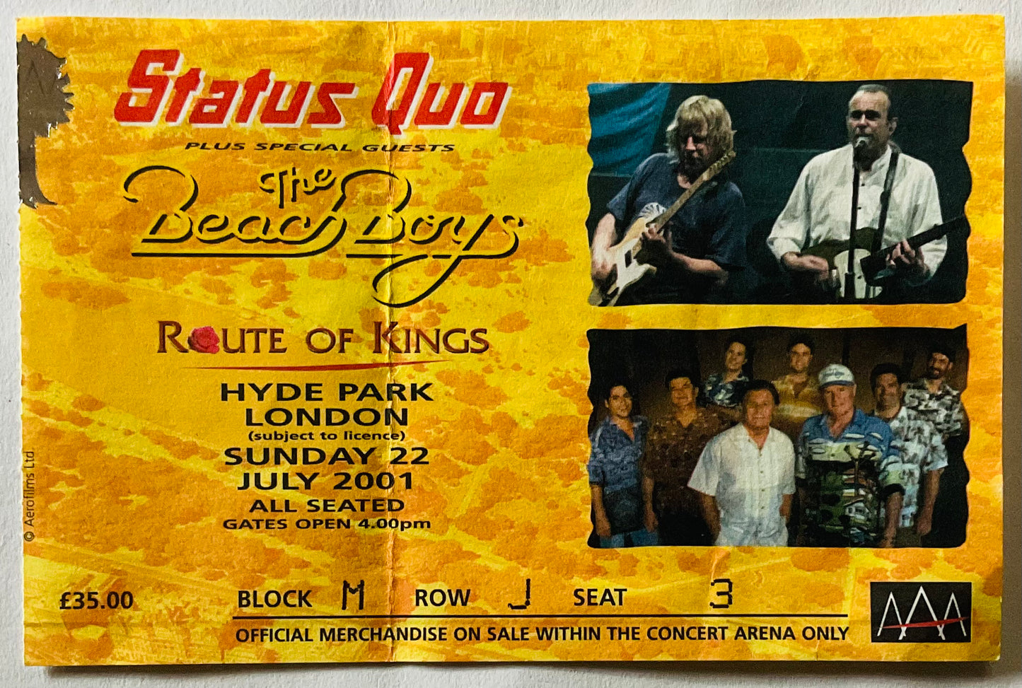 Status Quo Beach Boys Original Used Concert Ticket Hyde Park London 22nd Jul 2001