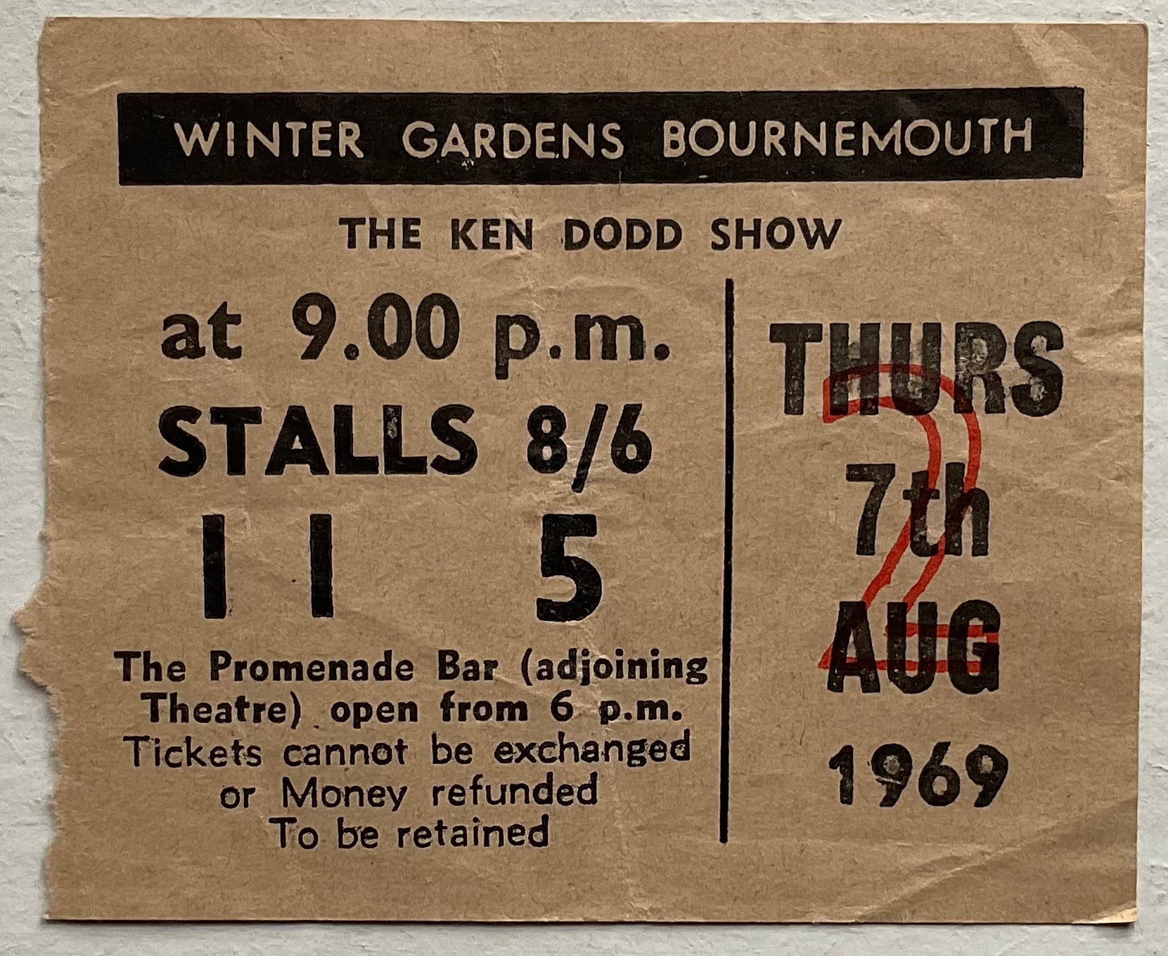 Ken Dodd Eric Delaney Original Used Concert Ticket Winter Gardens Bournemouth 7th Aug 1969