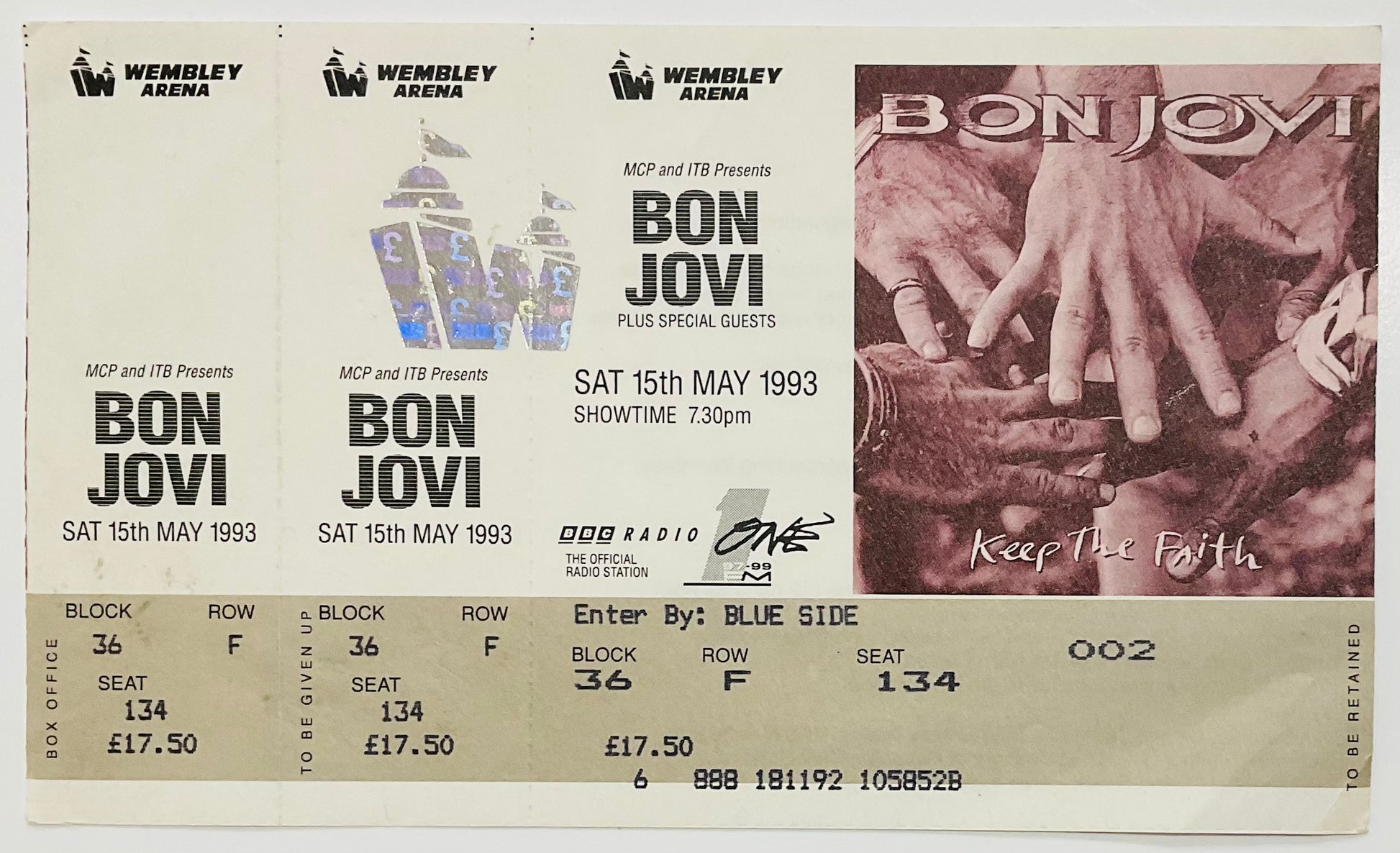 Bon Jovi Original Unused Concert Ticket Wembley Arena London 15th May 1993