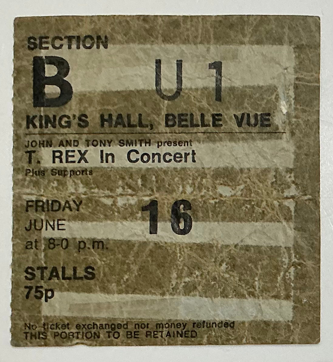 T. Rex Marc Bolan Original Used Concert Ticket Kings Hall Manchester 16th Jun 1972