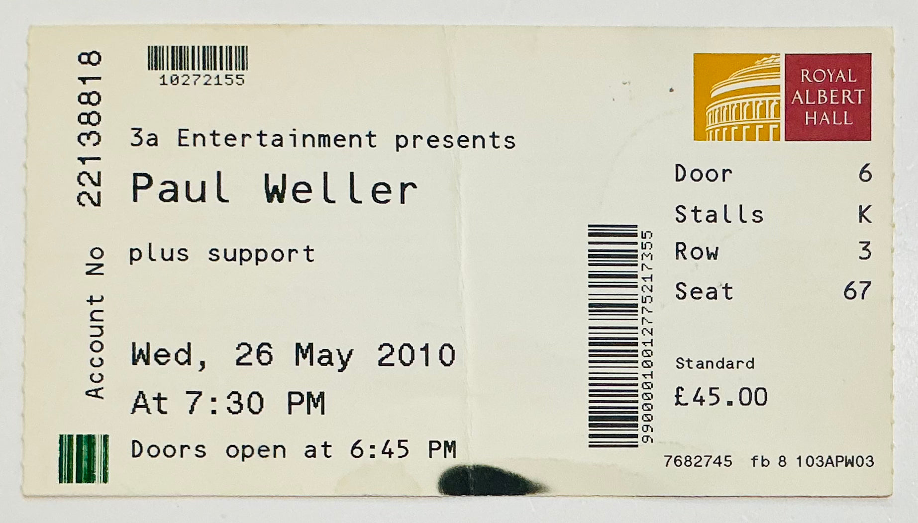 Jam Paul Weller Original Concert Ticket Royal Albert Hall London 26th May 2010
