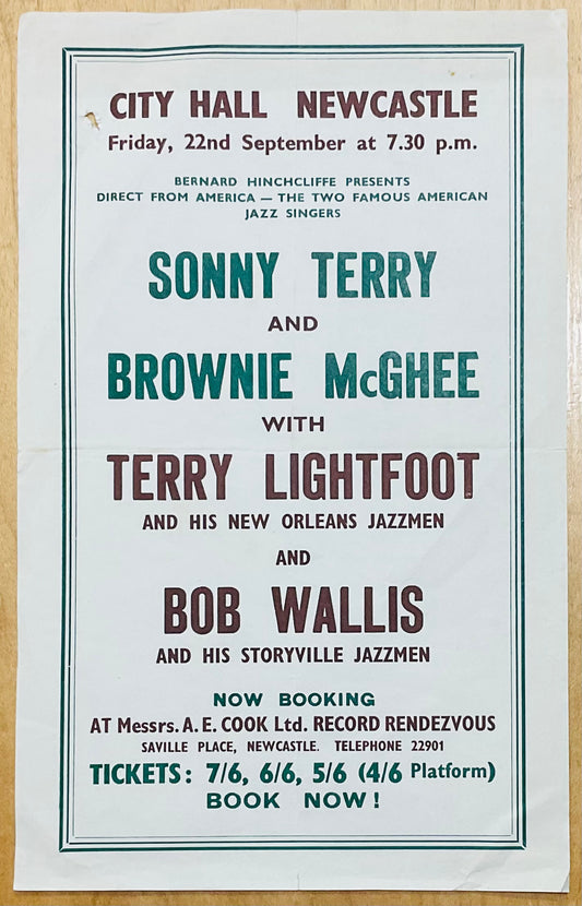 Sonny Terry Brownie McGhee Original Concert Handbill Flyer City Hall Newcastle 22nd Sep 1961