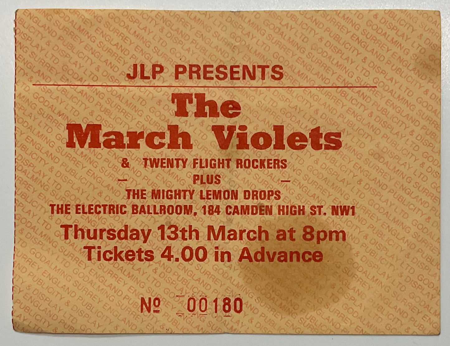 March Violets Original Used Concert Ticket Electric Ballroom London 13th Mar 1985