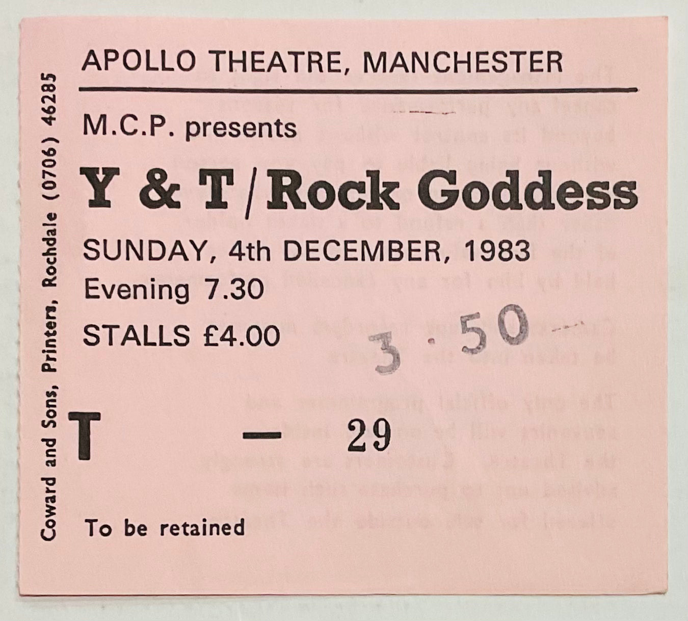 Y & T Rock Goddess Original Used Concert Ticket Odeon Theatre Manchester 4th Dec 1983