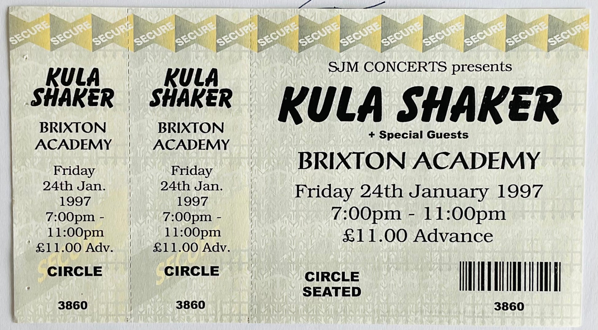 Kula Shaker Original Unused Concert Ticket Brixton Academy London 24th Jan 1997