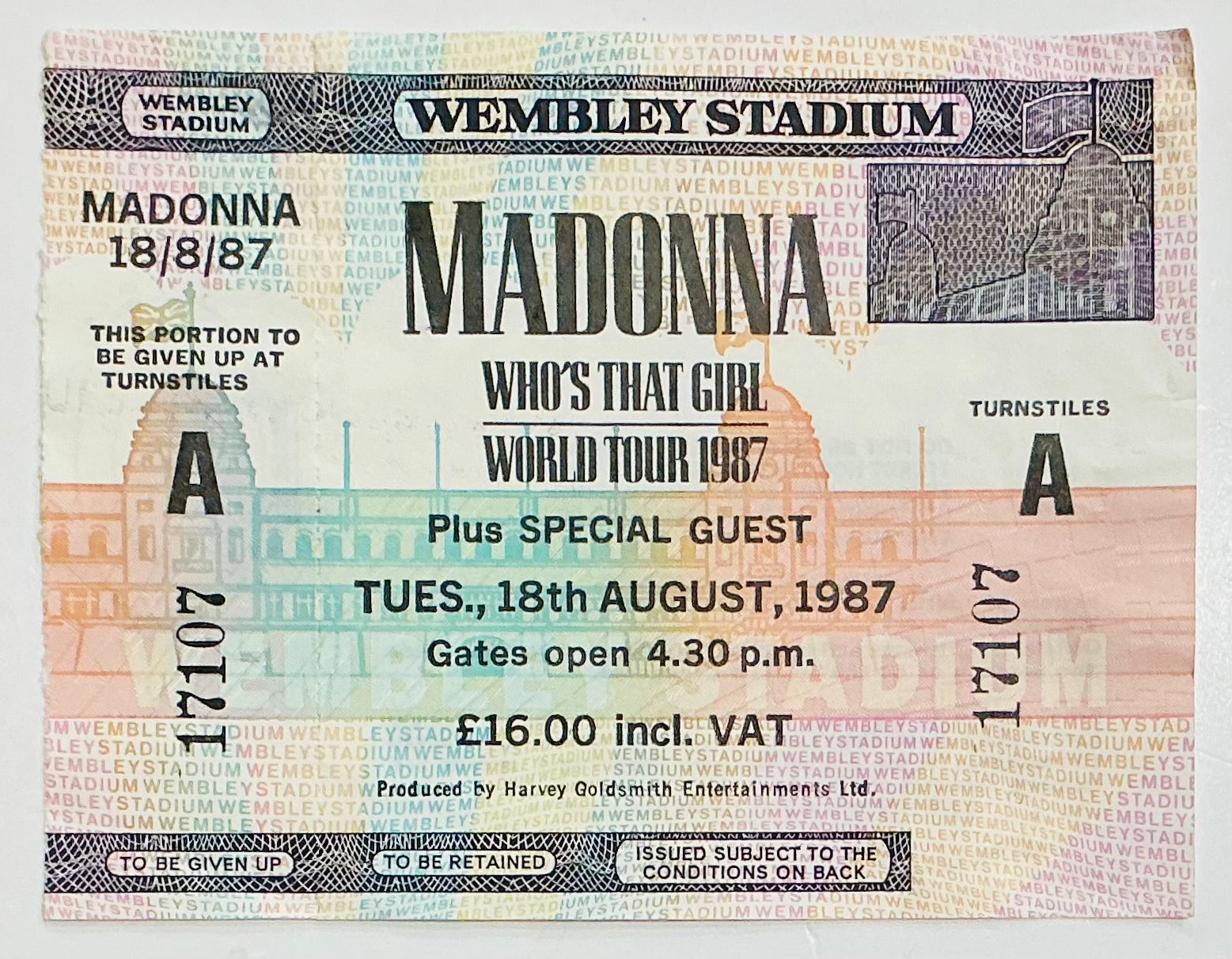 Madonna Original Unused Concert Ticket Wembley Stadium London 18th Aug 1987