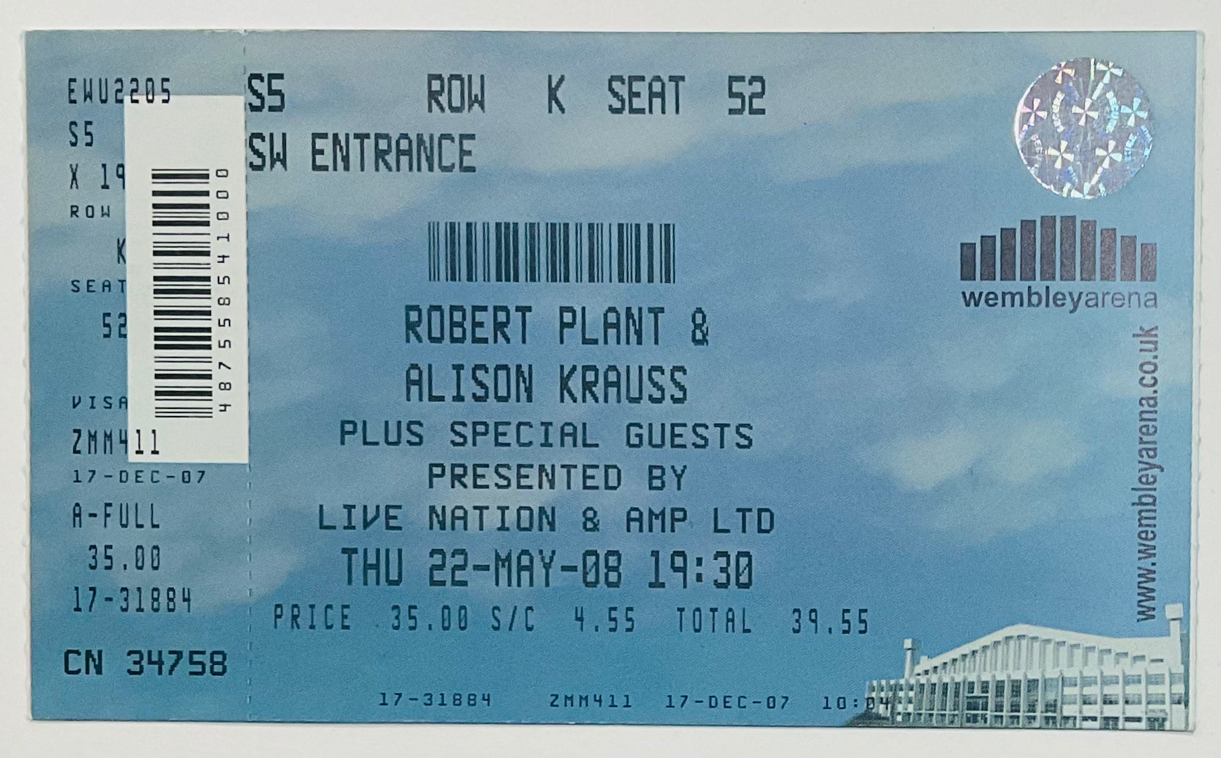 Led Zeppelin Robert Plant Alison Krauss Original Unused Concert Ticket Wembley Arena London 22nd May 2008