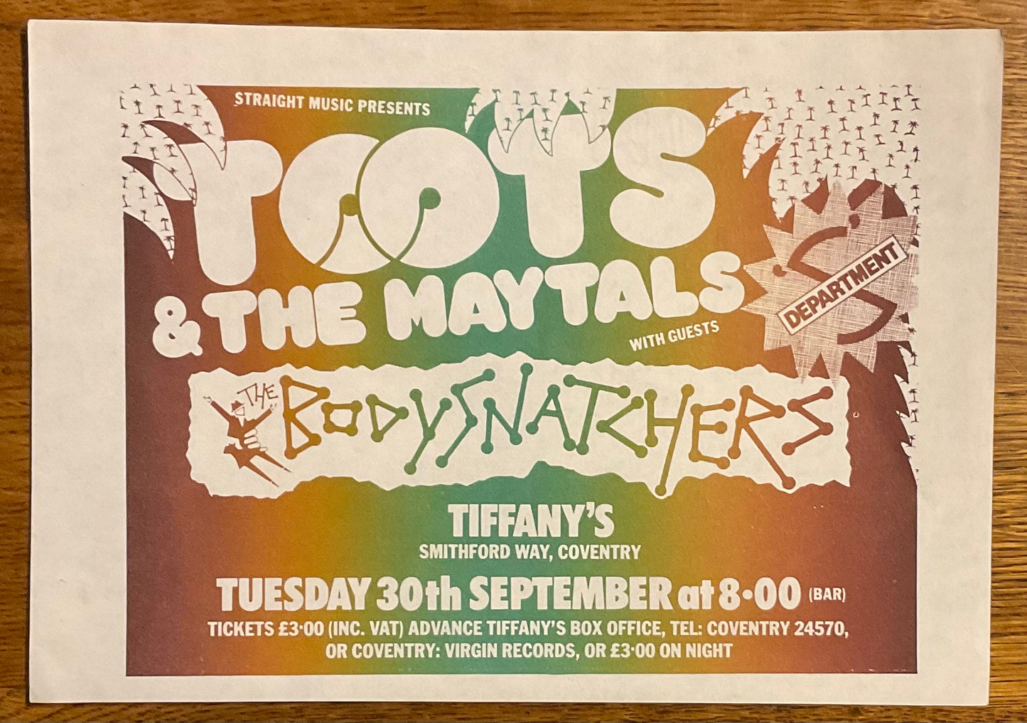 Toots & The Maytals Bodysnatchers Original Concert Handbill Flyer Tiffany’s Coventry 30th Sept 1980