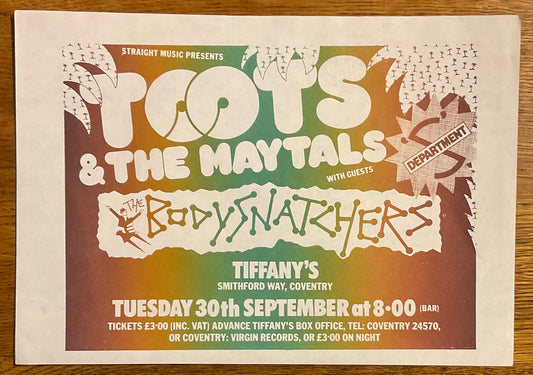 Toots & The Maytals Bodysnatchers Original Concert Handbill Flyer Tiffany’s Coventry 30th Sept 1980