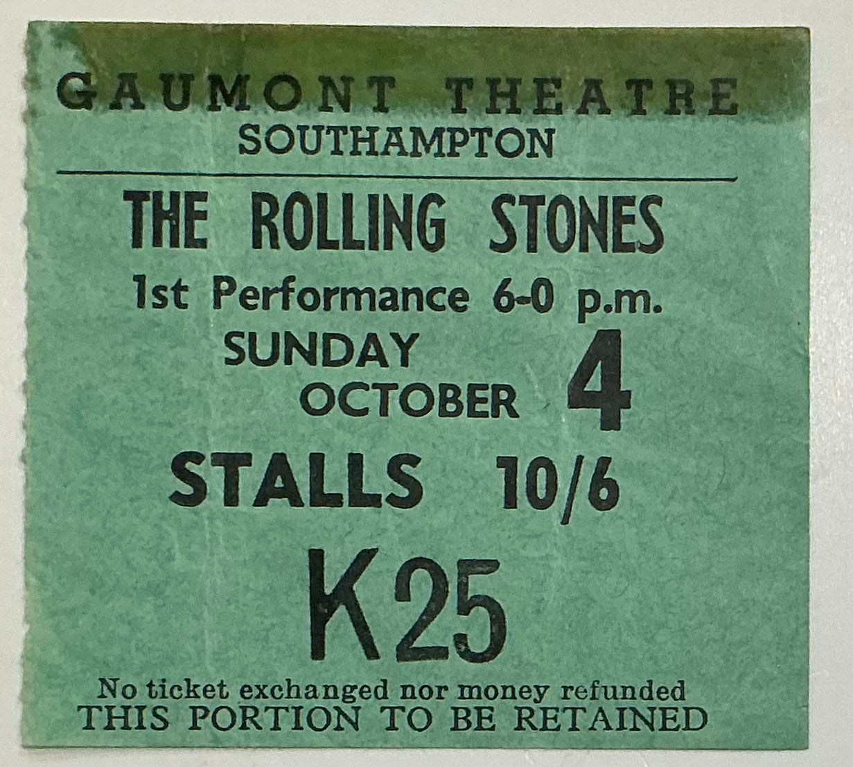 Rolling Stones Original Used Concert Ticket Gaumont Theatre Southampton 4th Oct 1964