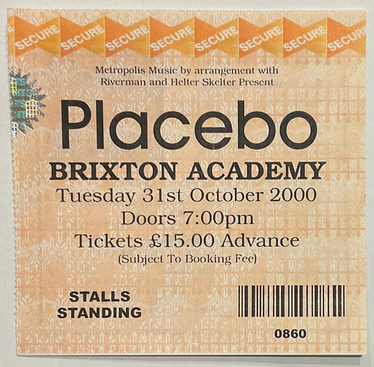 Placebo Original Used Concert Ticket Brixton Academy London 31st Oct 2000