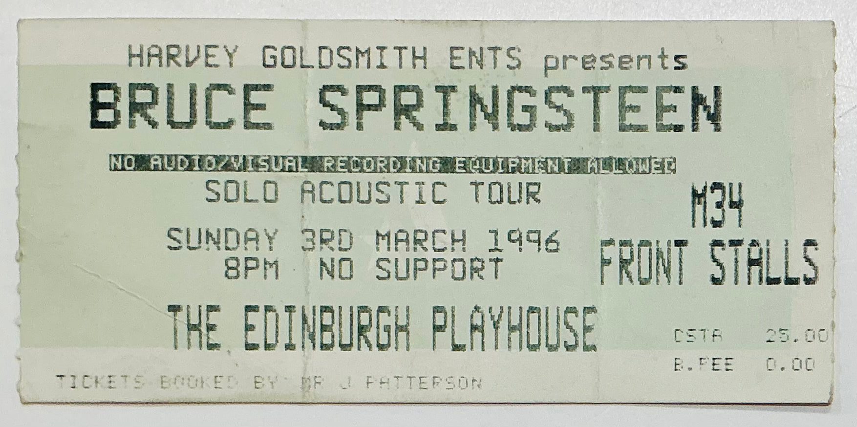 Bruce Springsteen Original Used Concert Ticket Edinburgh Playhouse 3rd March 1996