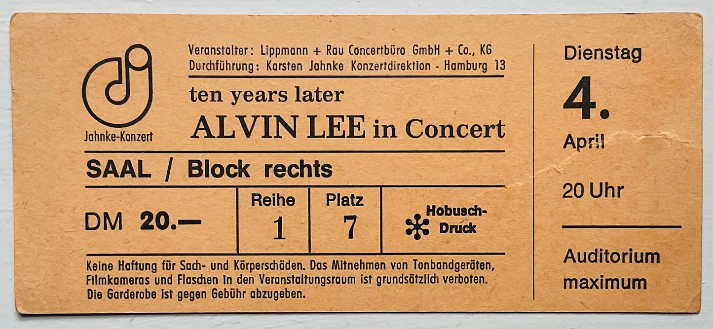 Ten Years After Alvin Lee Original Used Concert Ticket Audi Max Hamburg 4th Apr 1978