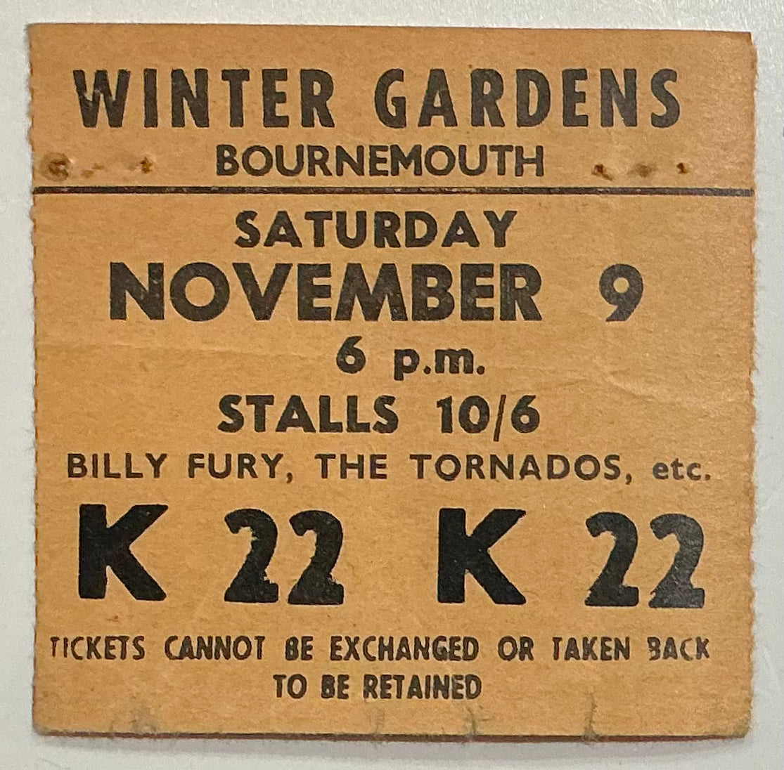 Billy Fury Joe Brown Original Used Concert Ticket Winter Gardens Bournemouth 9th Nov 1963