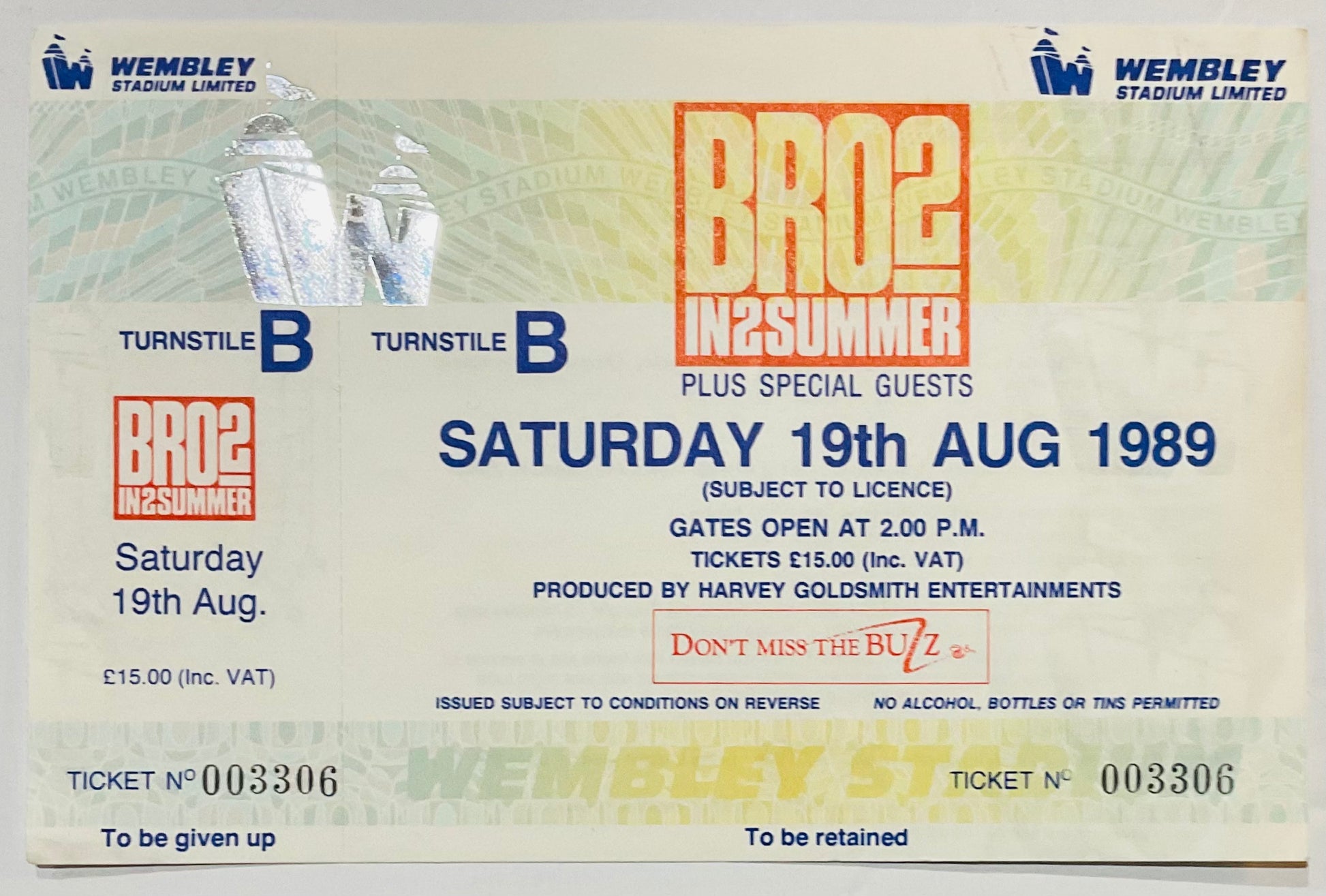 Bros Original Unused Concert Ticket Wembley Stadium London 19th Aug 1989