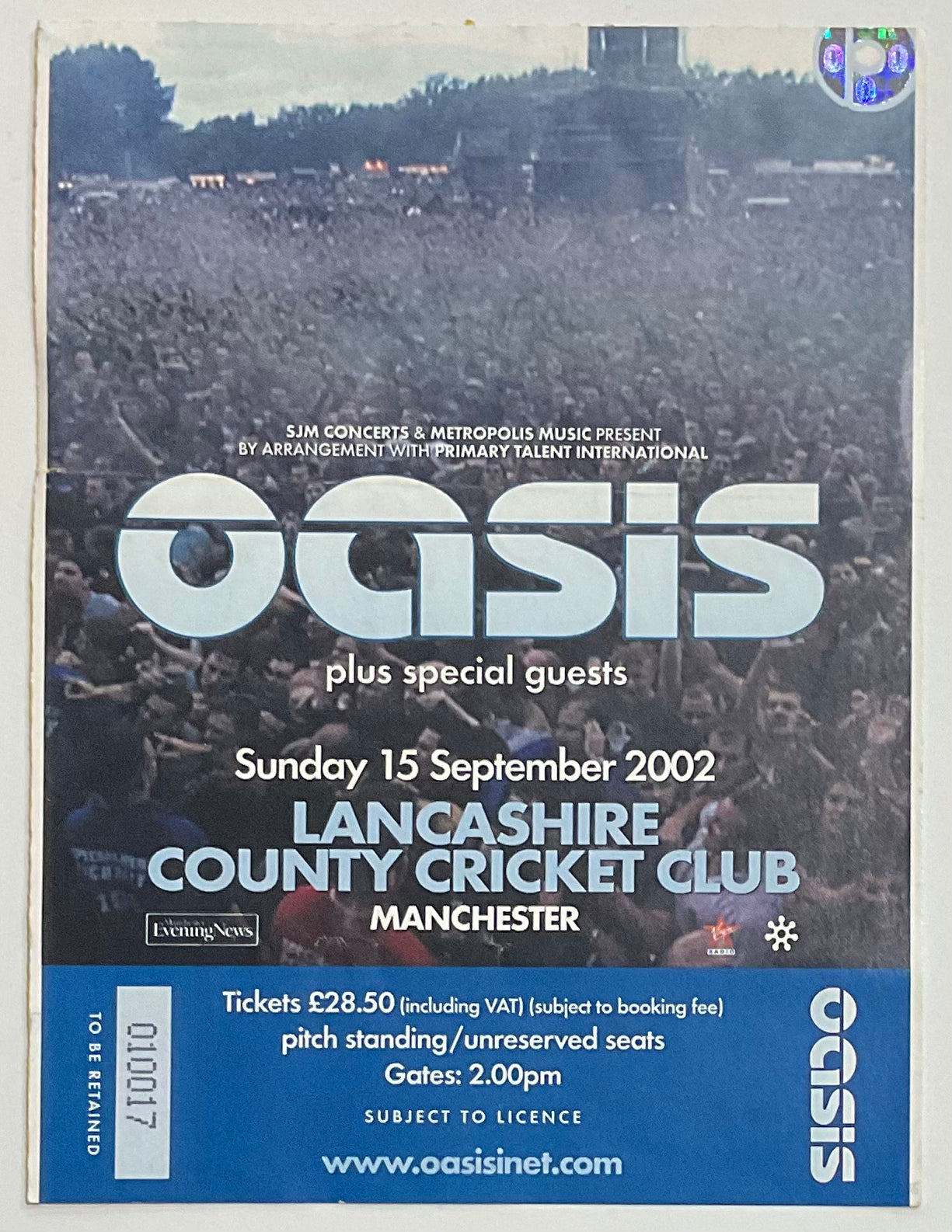 Oasis Original Used Concert Ticket Lancashire County Cricket Club Manchester 15 Sept 2002