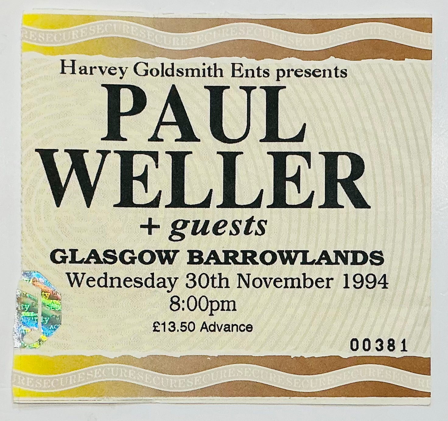 Jam Paul Weller Original Used Concert Ticket Barrowlands Glasgow 30th Nov 1994