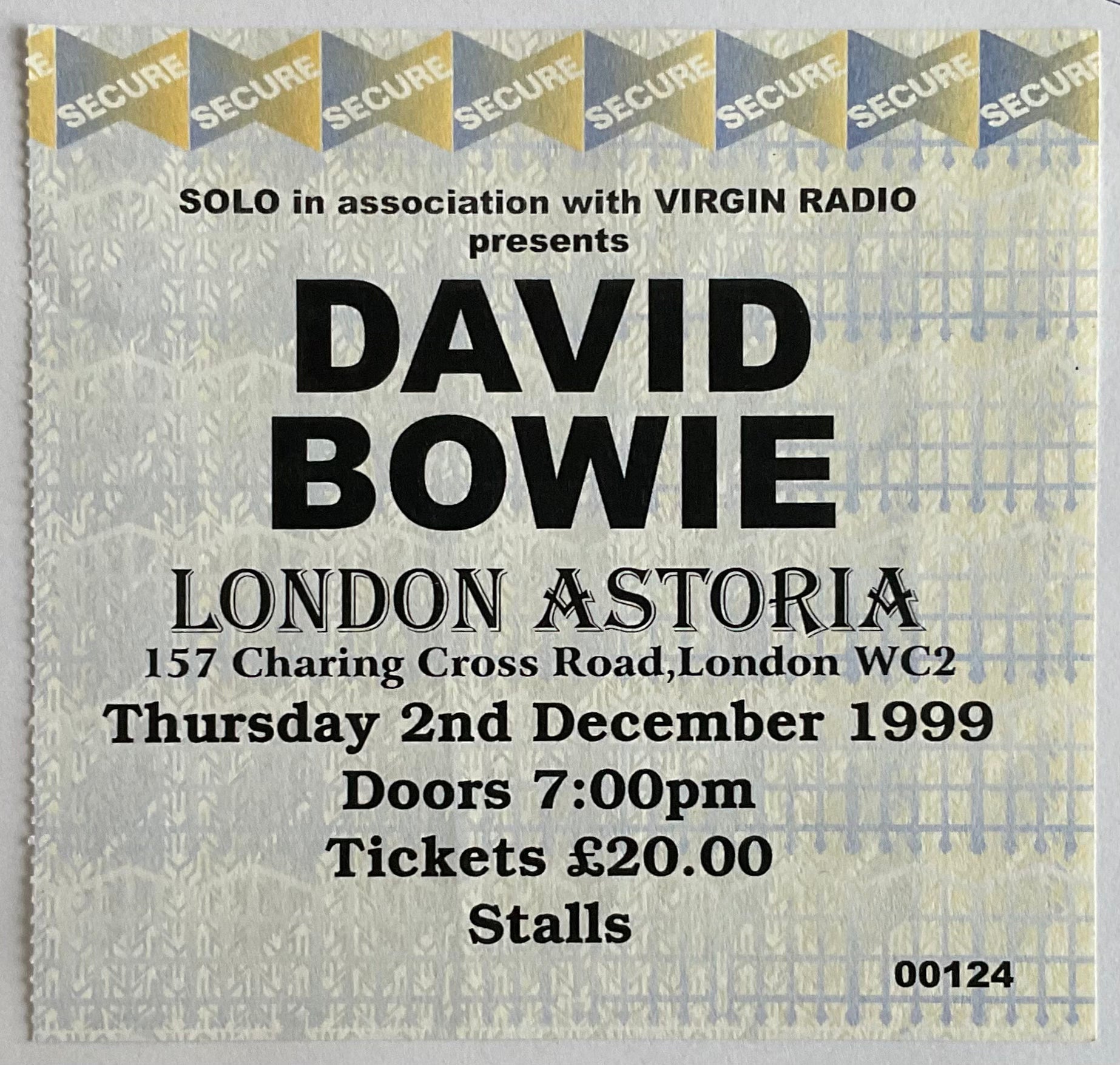 David Bowie Original Used Concert Ticket Astoria London 2nd Dec 1999