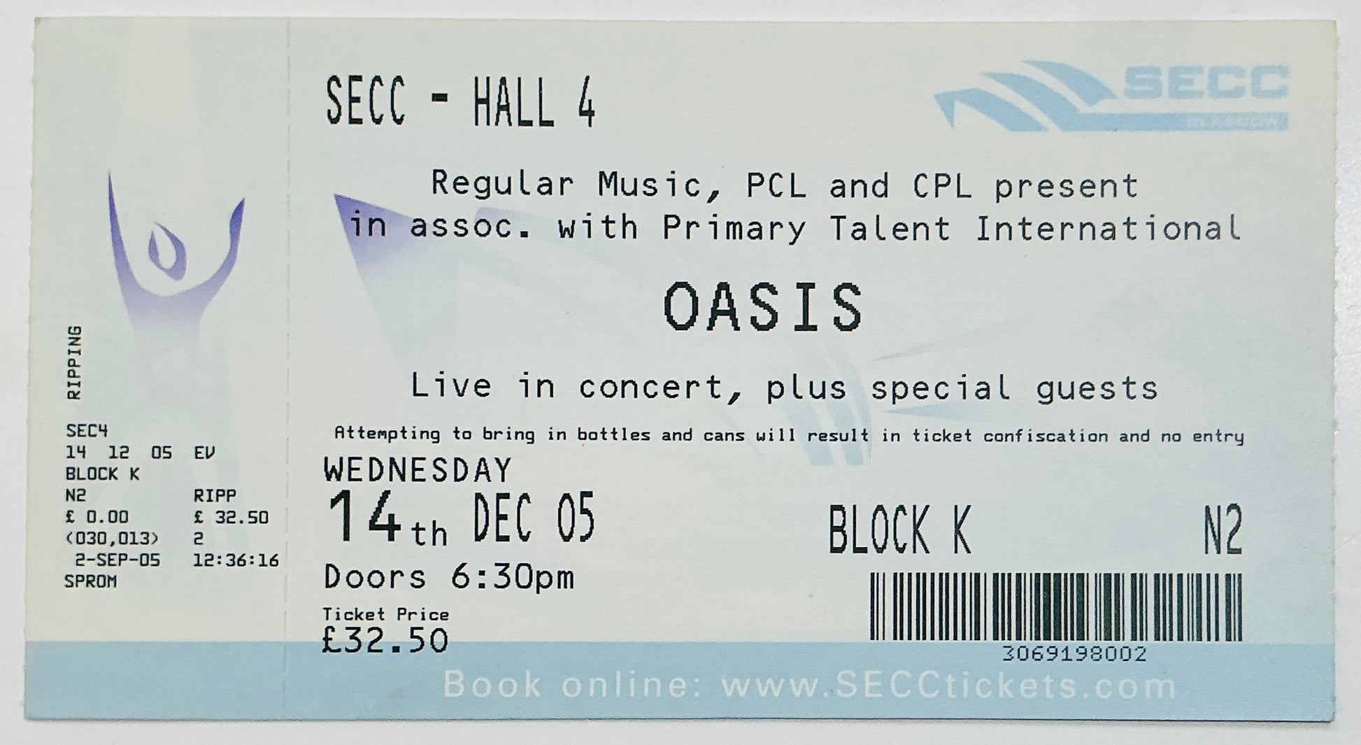 Oasis Original Unused Concert Ticket SECC Glasgow 14th Dec 2005
