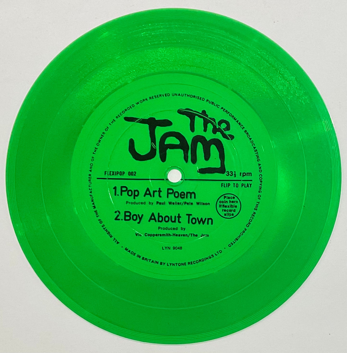 Jam Pop Art Poem / Boy About Town 7" Green Flexi Disc Lyntone 1984