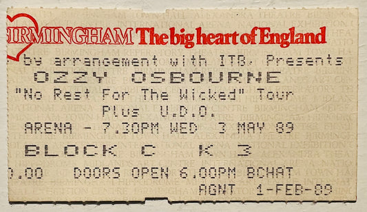 Ozzy Osbourne Original Used Concert Ticket NEC Arena Birmingham 3rd May 1989