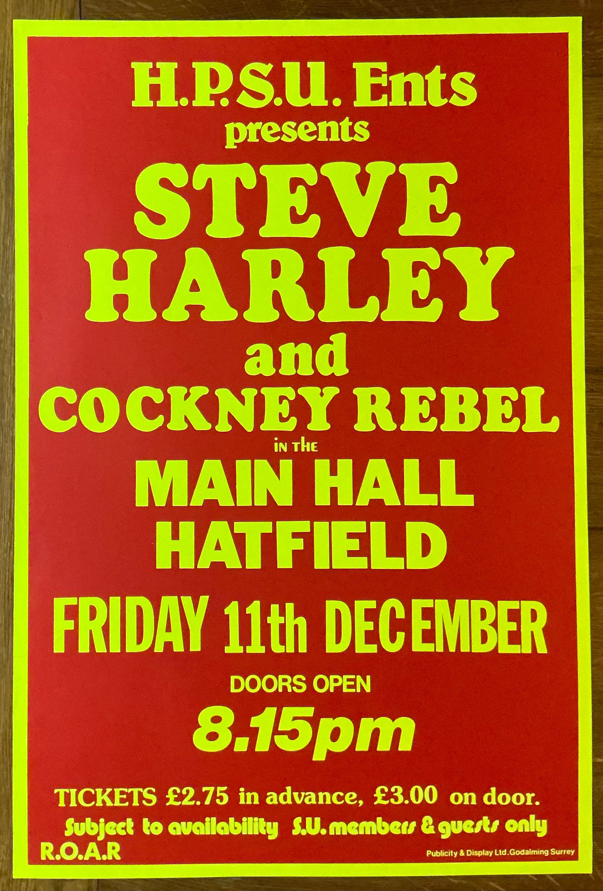 Steve Harley Original Promo Concert Tour Poster Main Hall Hatfield 11th Dec 1981